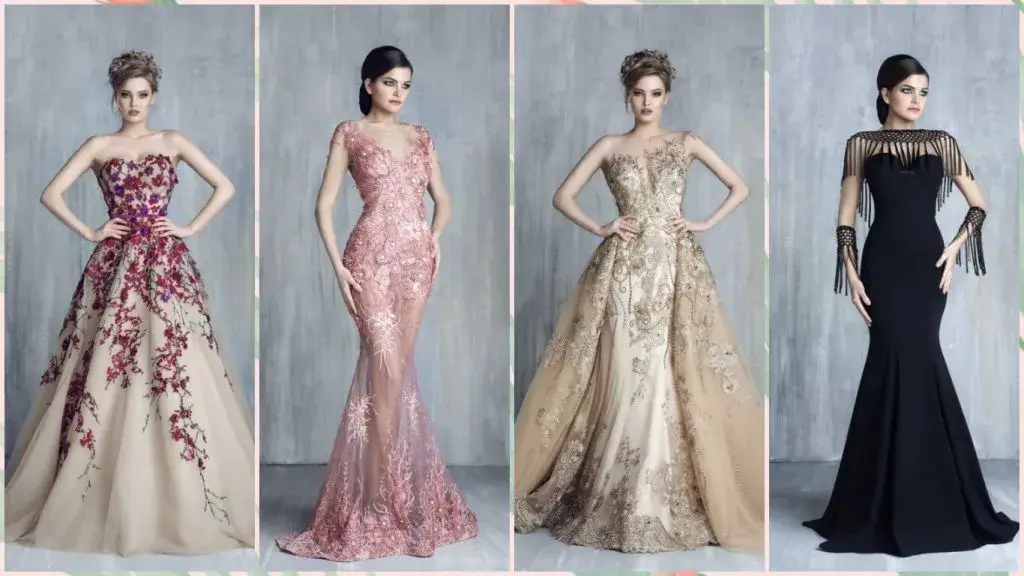 Evening dresses have multiple types of fabrics